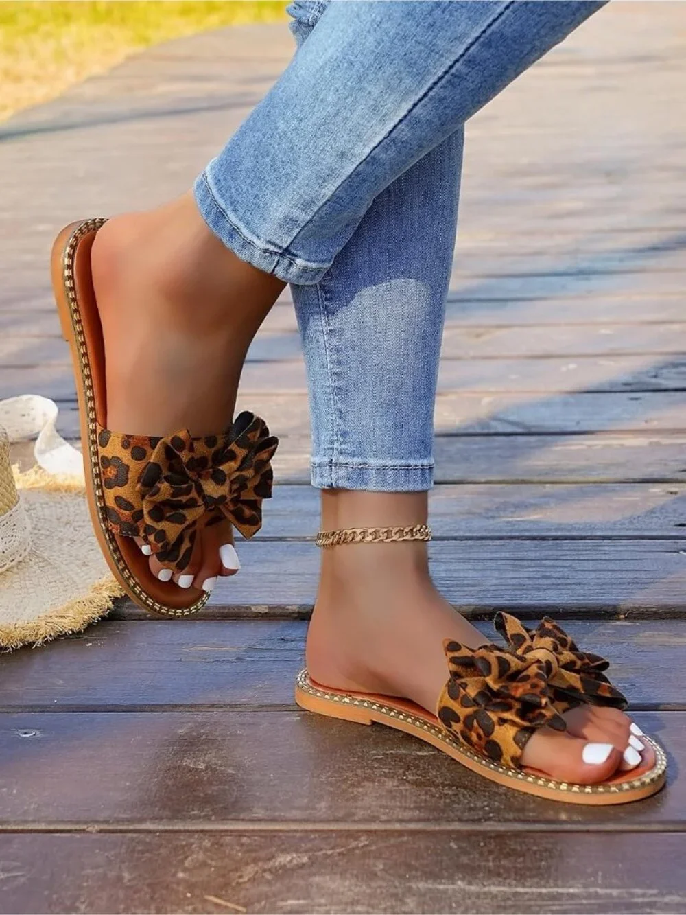 Women's Leopard Brown Leather Bow Knot Slide Open Toe Flat Summer Slip On Sandal